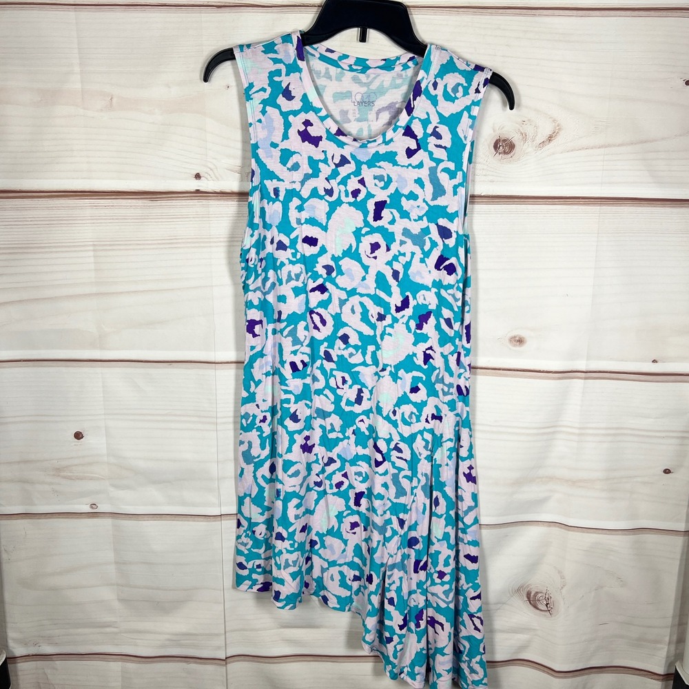LOGO Layers Tank Top Womens M Blue Abstract Asymmetric Hem Sleeveless Tunic Knit